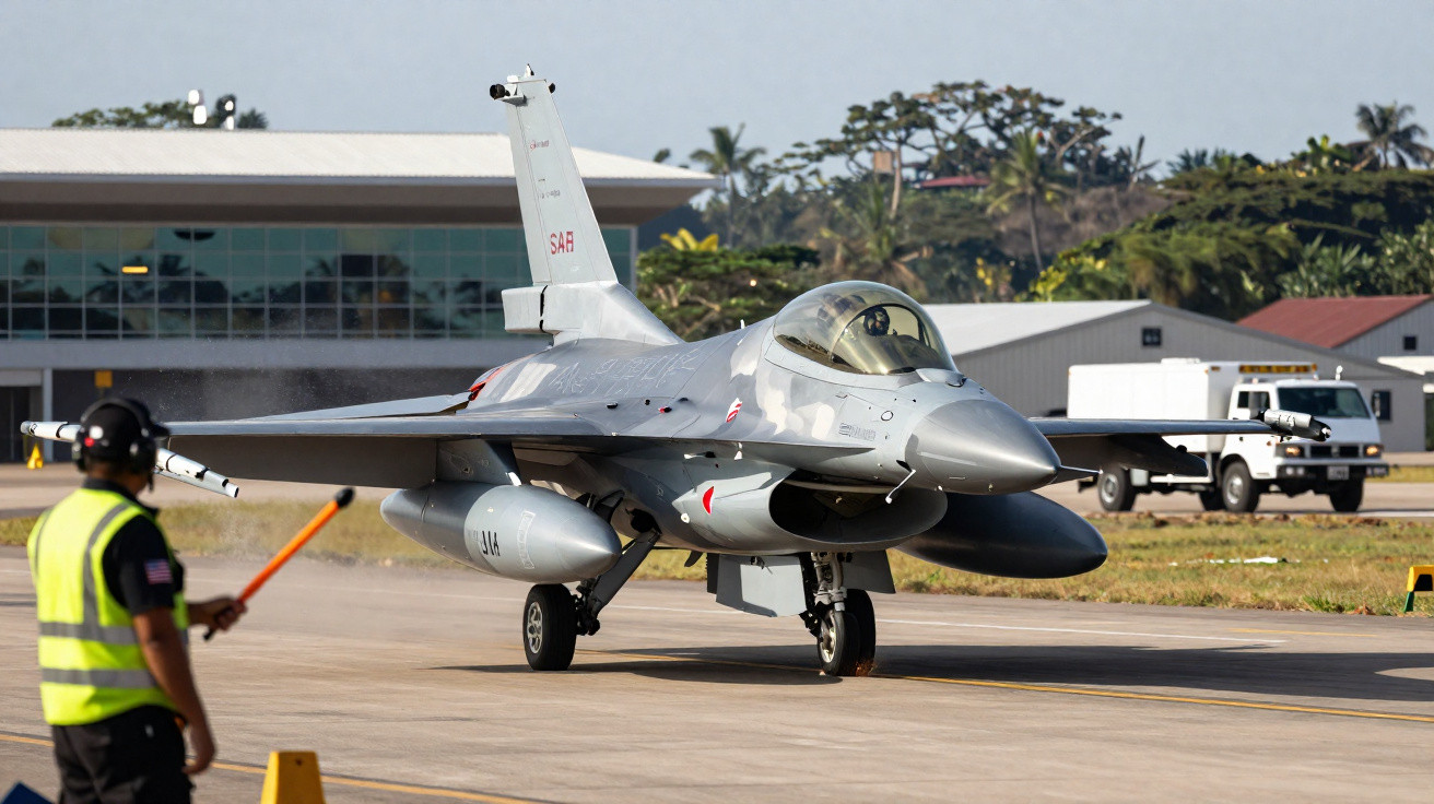 Caça F-16 cinza taxiando em pista com operador orientando em uniforme amarelo.