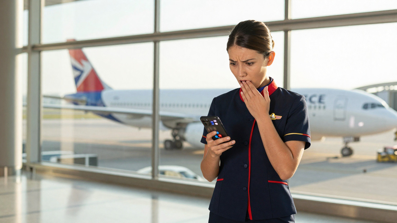 Comissária de bordo olhando surpresa para celular no aeroporto com avião ao fundo.