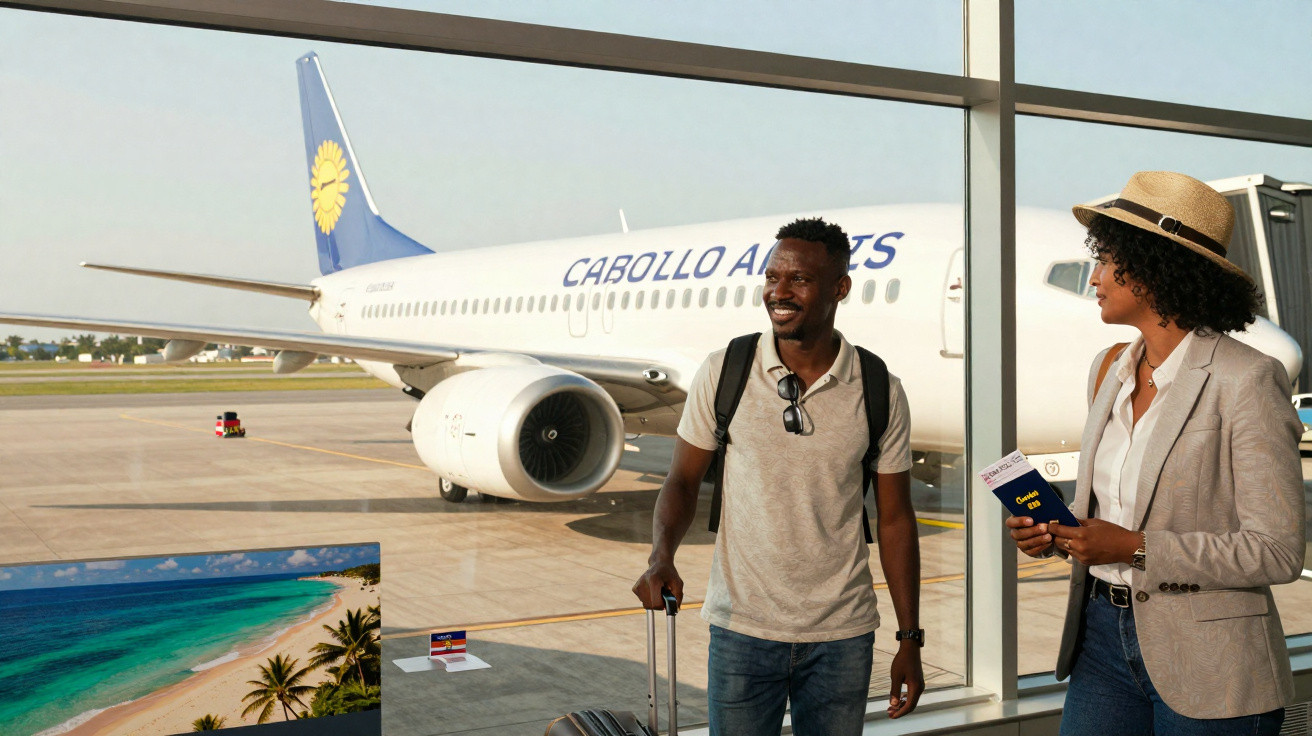 Dois passageiros sorridentes com malas aguardam voo em aeroporto com avião da CaboLlo Airlines ao fundo.