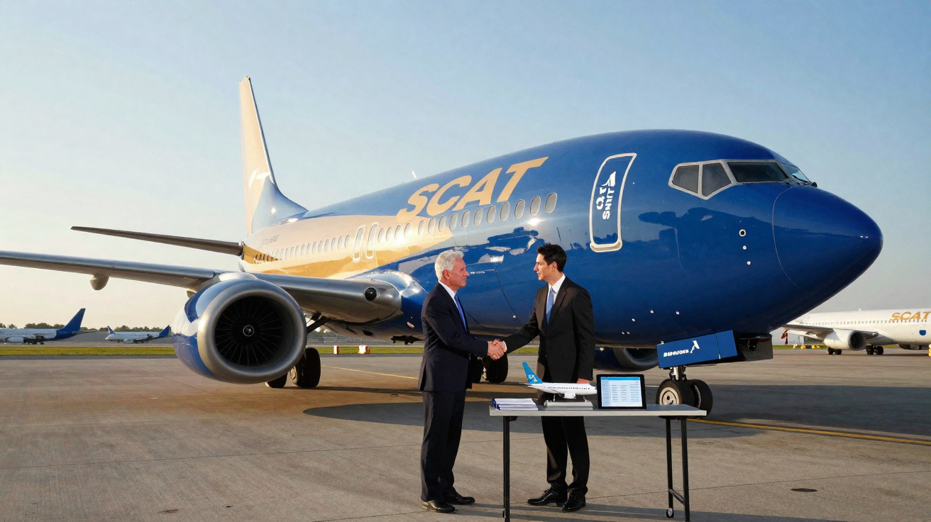 Dois homens de terno apertam as mãos diante de avião azul e branco da SCAT no aeroporto.