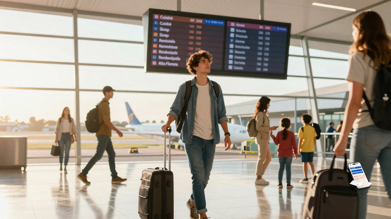 Jovem com mochila e mala no aeroporto, olhando painel de voos, com várias pessoas ao redor e avião ao fundo.