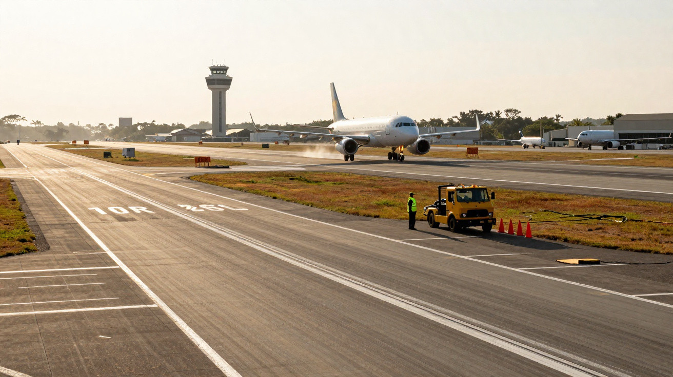 Avião taxiando na pista do aeroporto com torre de controle e funcionário ao lado de veículo amarelo.