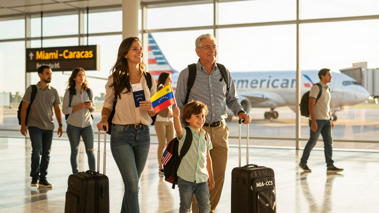 Família feliz com malas e bandeira da Venezuela caminhando em aeroporto com avião da American Airlines ao fundo.