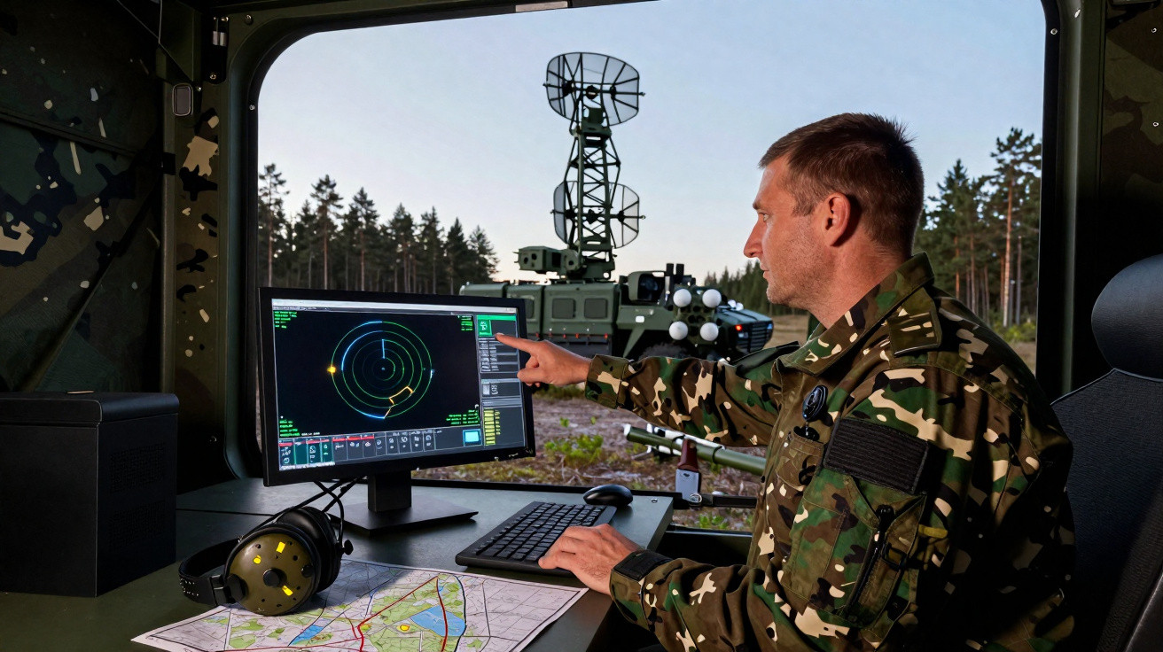 Militar em uniforme camuflado operando radar dentro de veículo militar com equipamentos eletrônicos.