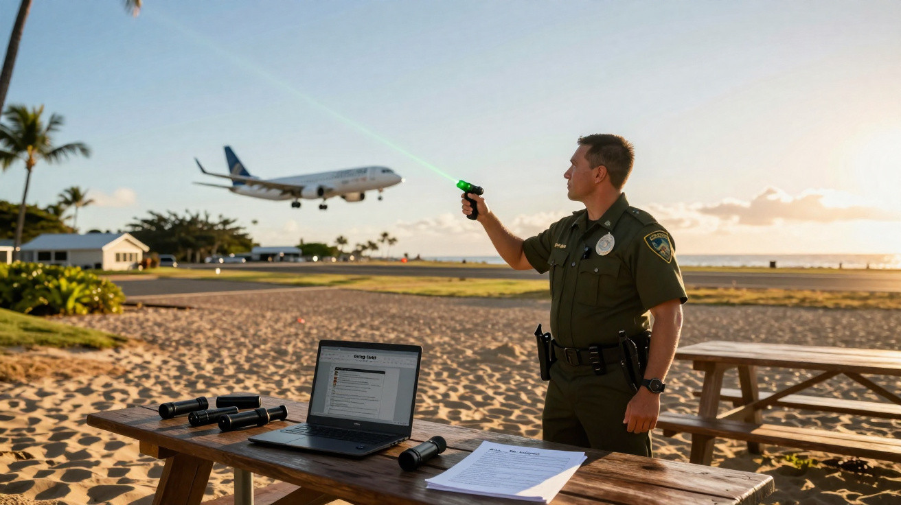 Policial com uniforme verde na praia segurando laser verde, com laptop e documentos em mesa de madeira.