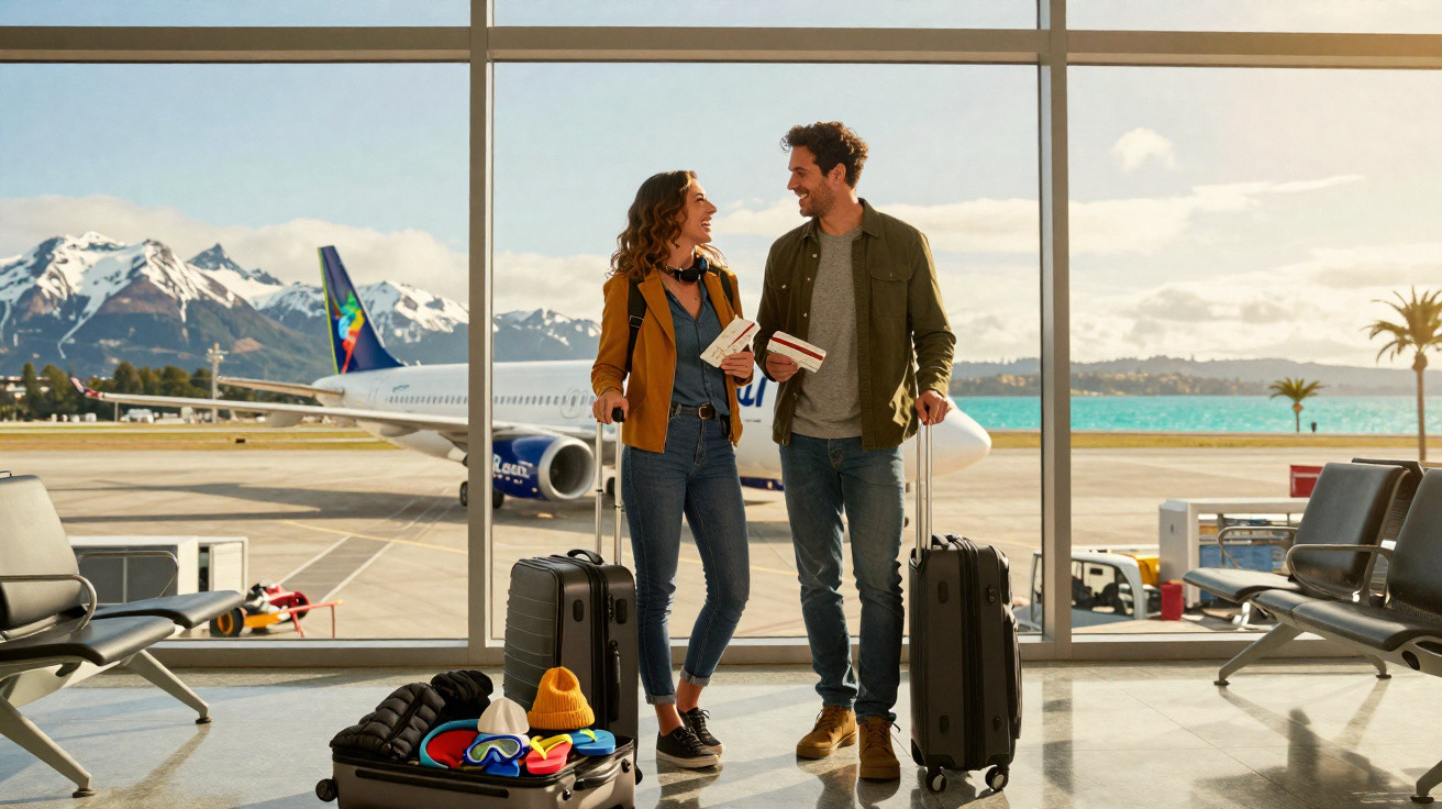 Casal sorridente com malas e passagens em aeroporto com avião e montanhas ao fundo.