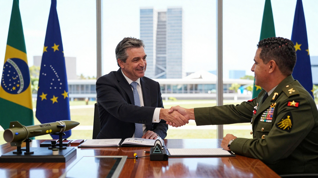 Dois homens apertando as mãos em reunião formal, com bandeiras do Brasil e da União Europeia ao fundo.