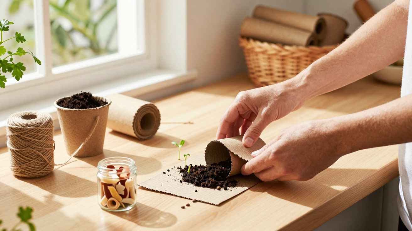 Mãos plantando muda em tubo de papelão com terra em mesa de madeira próxima à janela.