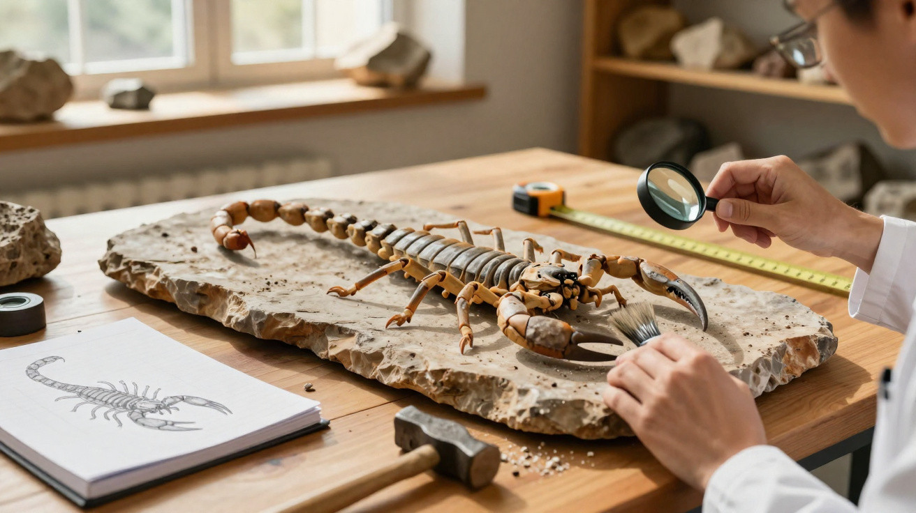 Pesquisador examina fóssil de escorpião pré-histórico sobre pedra, com desenho do animal ao lado.
