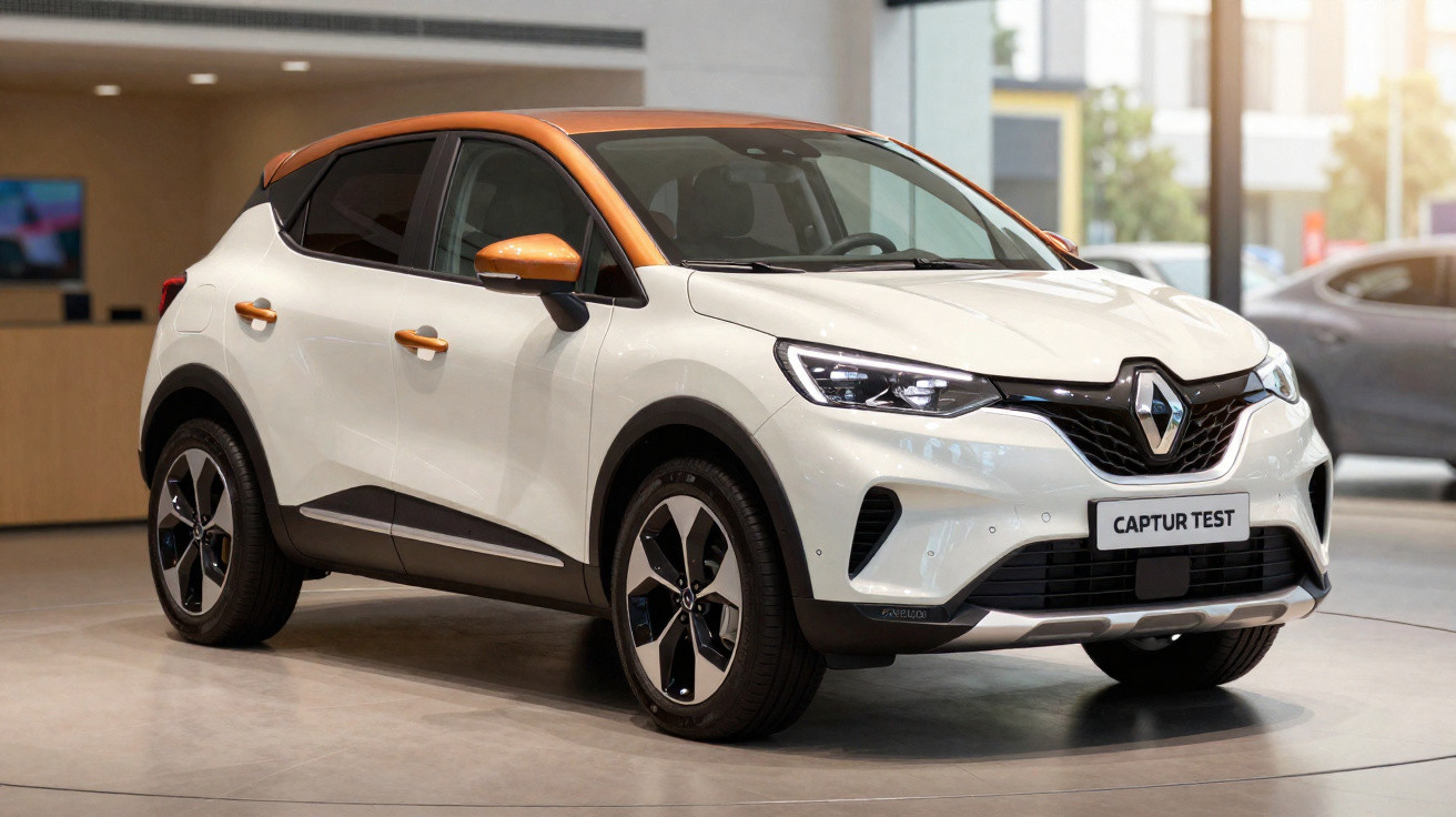 Renault Captur branco com detalhes laranja exibido em showroom moderno, visão frontal e lateral direita.