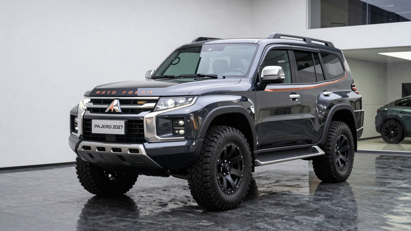 SUV Pajero 2027 cinza escuro em exposição, com pneus grandes e detalhes em laranja.