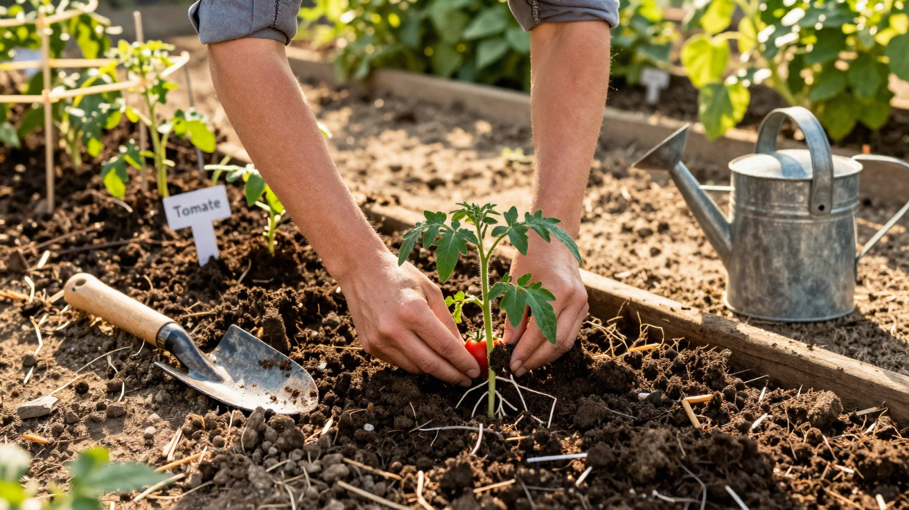 Mãos plantando muda de tomate em solo fértil no jardim com regador e pá ao lado.