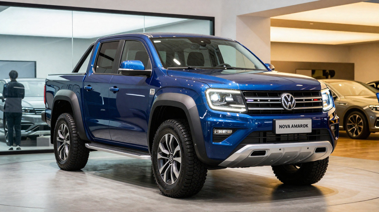 Picape Volkswagen Amarok azul exibida em showroom moderno com iluminação interna.