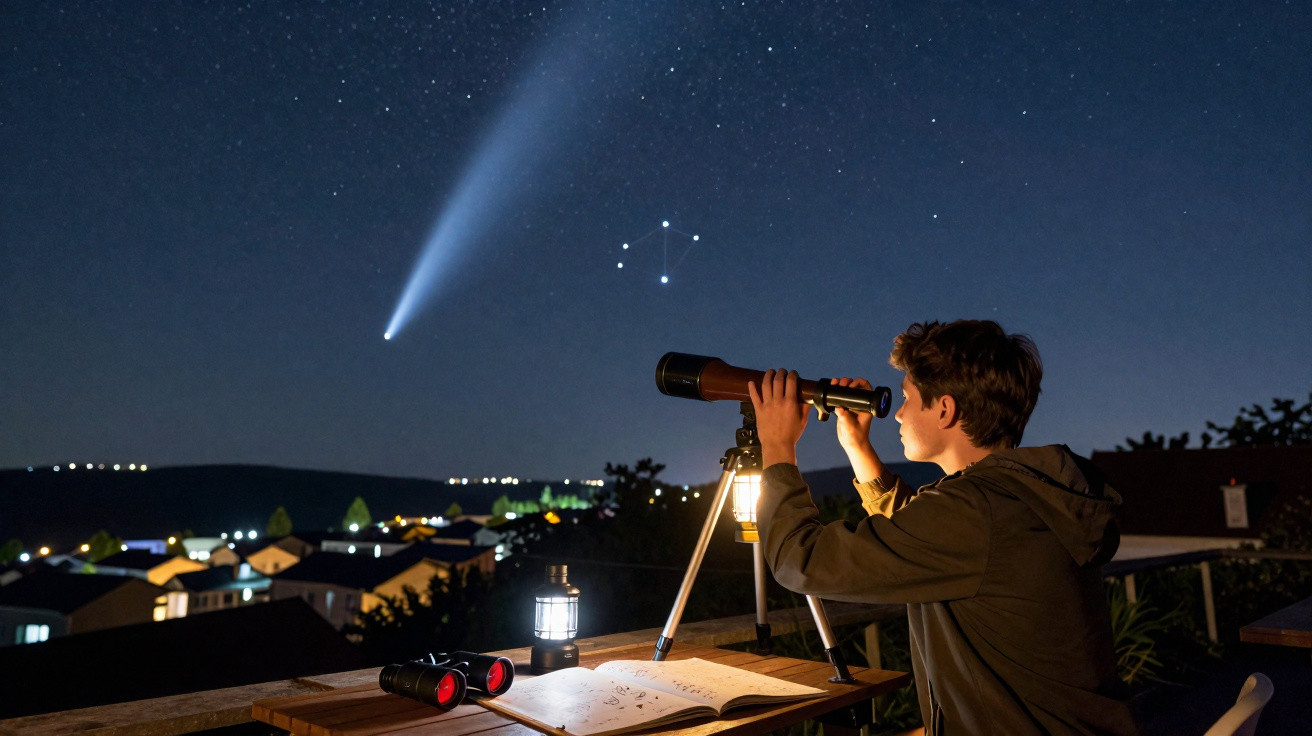 Menino observa com telescópio um cometa no céu estrelado durante a noite, com cadernos e lanternas na mesa.