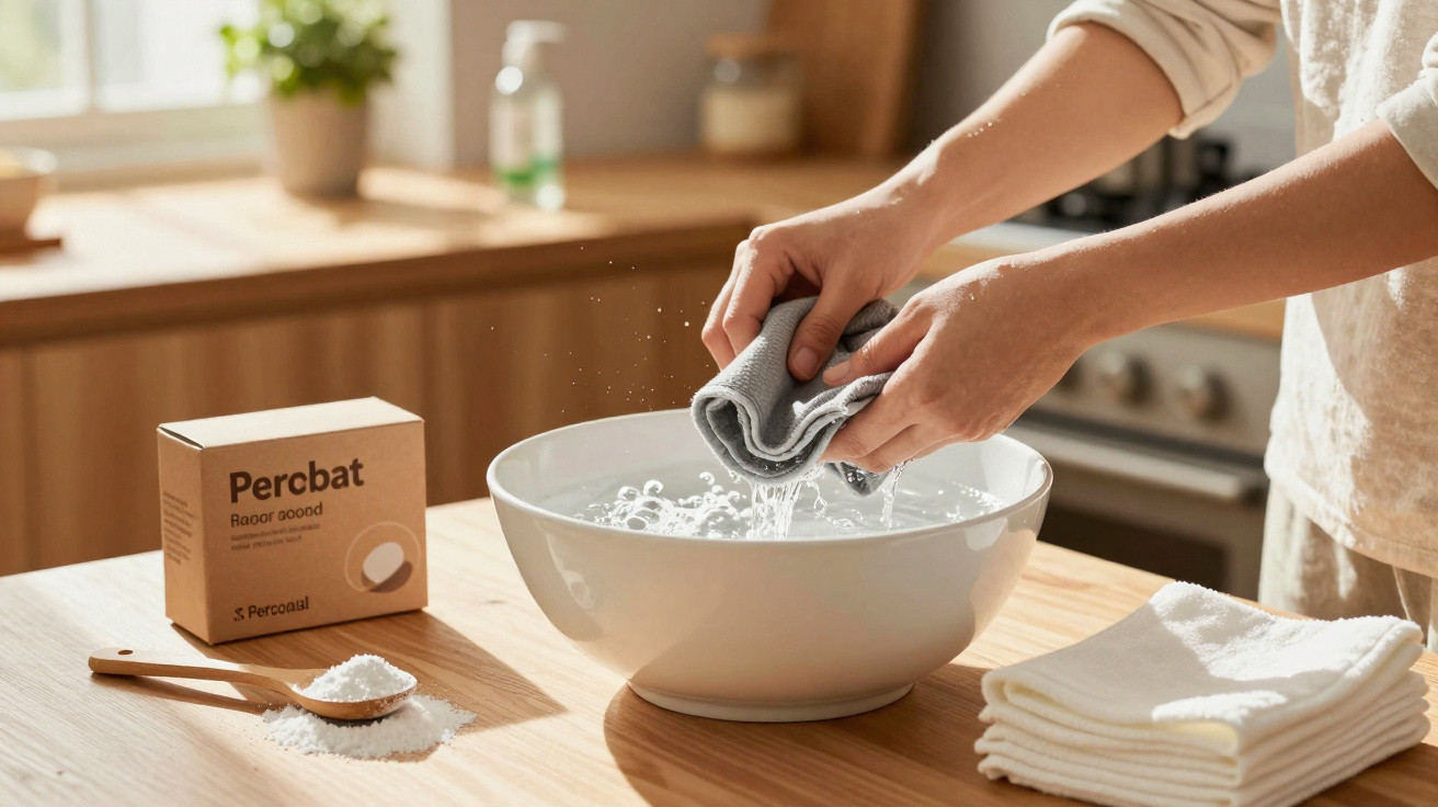 Pessoa espremendo pano molhado sobre bacia branca em cozinha iluminada, com produto de limpeza Percbat à esquerda.