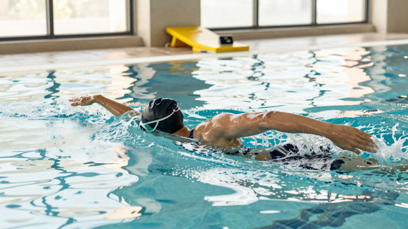Pessoa nadando estilo costas em piscina coberta, usando touca e óculos de natação pretos.