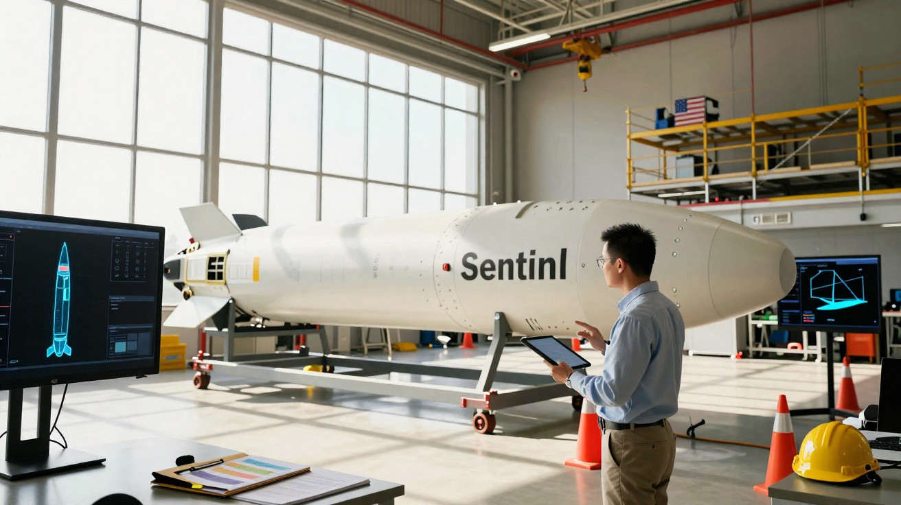 Homem em laboratório usando tablet perto de foguete branco com nome "Sentinl" em ambiente industrial.