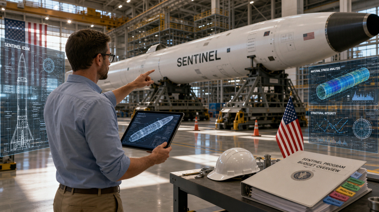 Engenheiro analisa projeto digital de míssil Sentinel em hangar industrial com tablet e documentos técnicos.