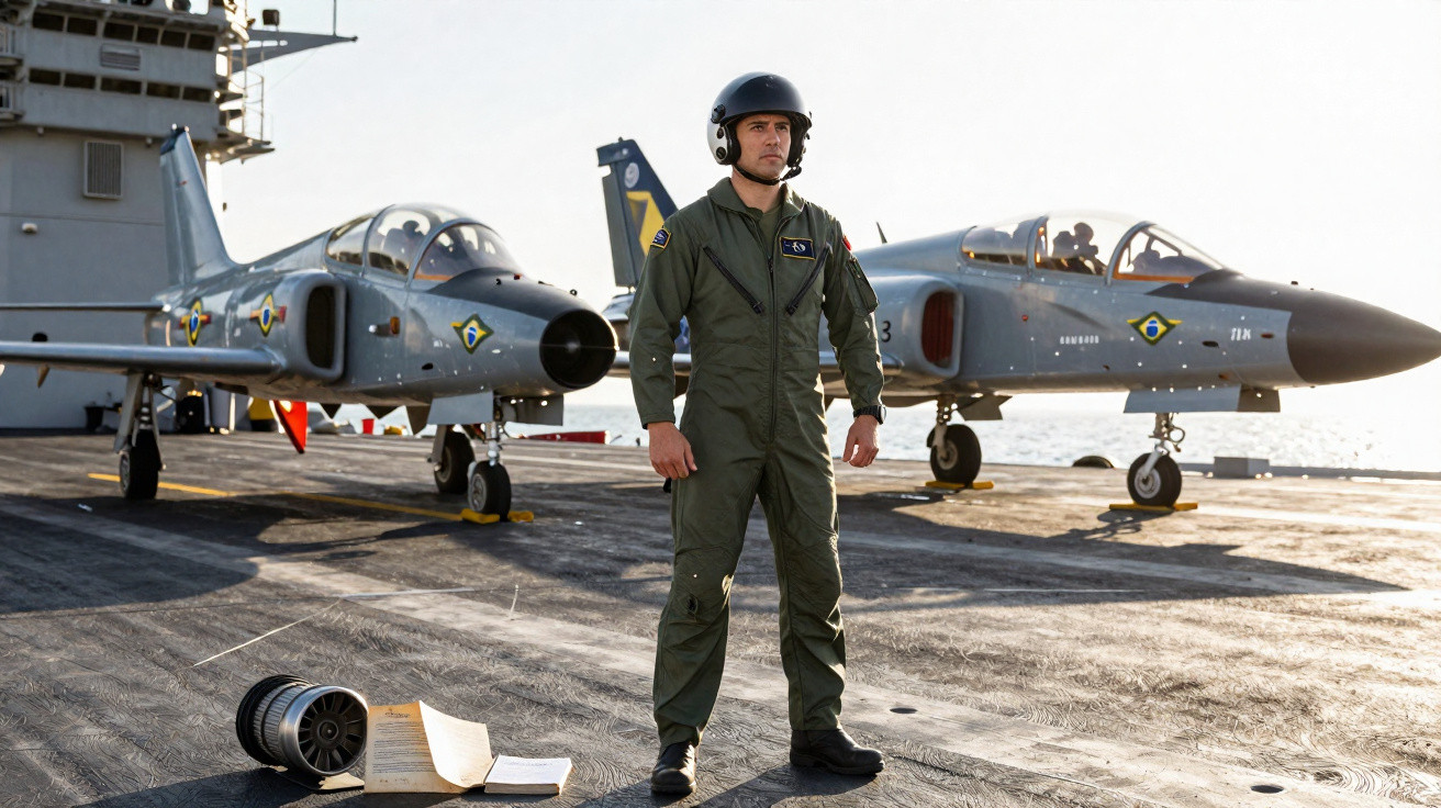 Piloto militar com macacão verde e capacete está de pé no convés de porta-aviões com dois jatos ao fundo.