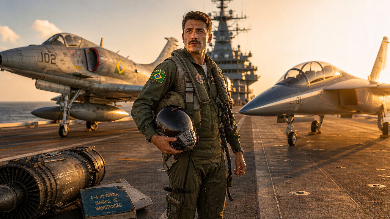 Piloto brasileiro em uniforme militar com capacete na mão, entre dois caças em porta-aviões ao pôr do sol.