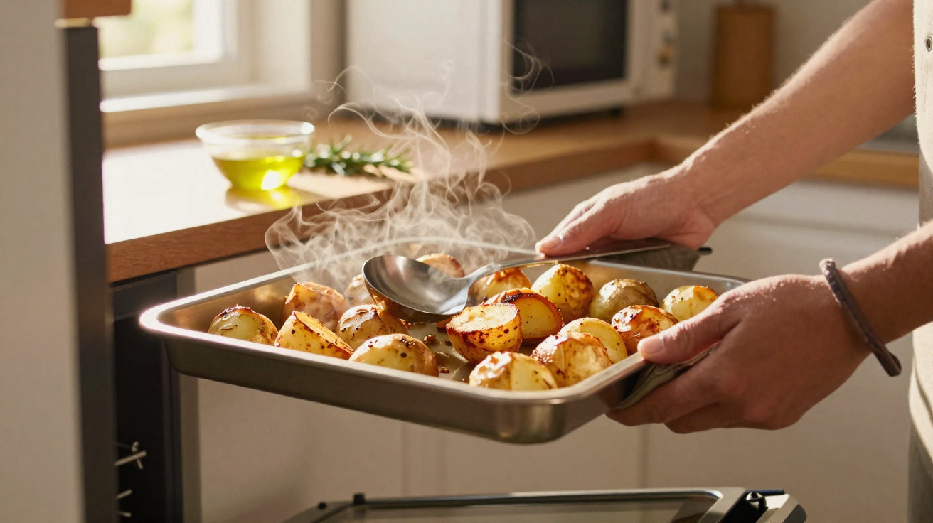 Pessoa retirando batatas assadas quentes do forno com uma assadeira de metal na cozinha.