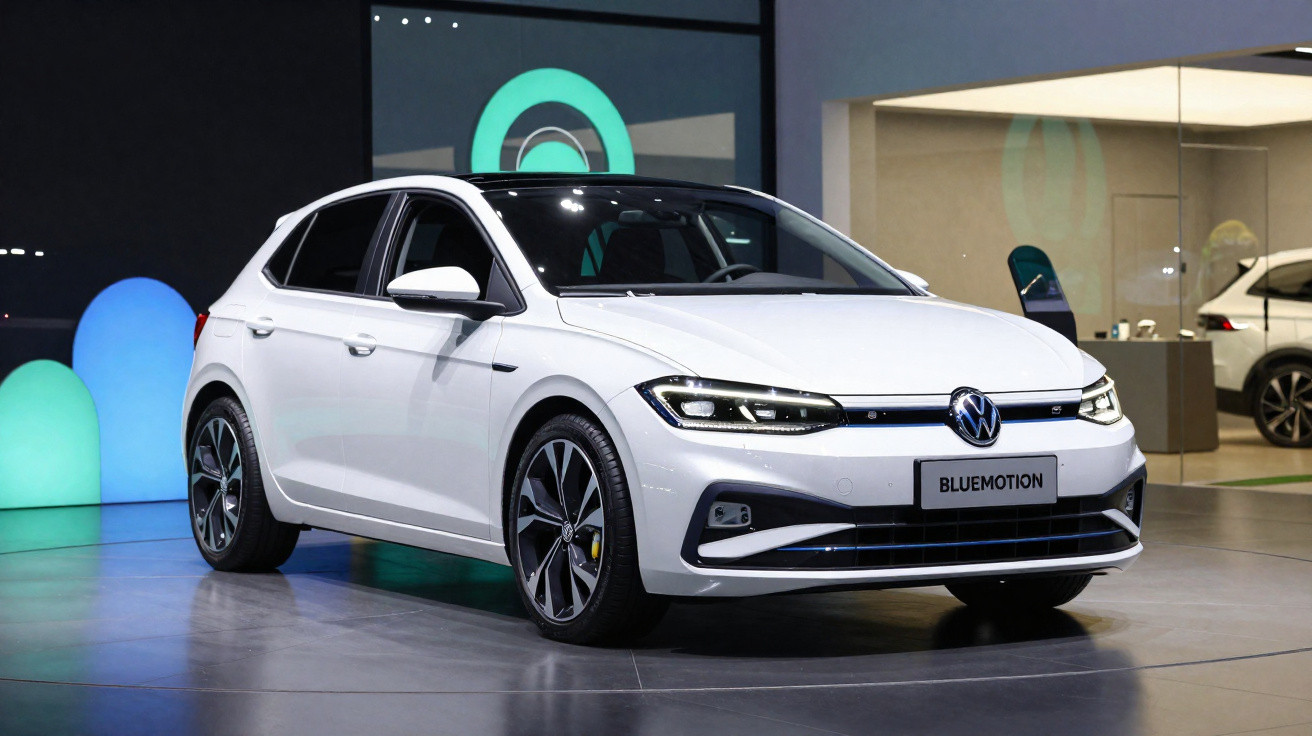 Carro Volkswagen branco modelo Bluemotion exibido em showroom moderno iluminado.