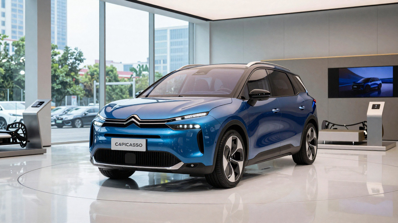 Carro elétrico azul Citroën C4 Picasso exposto em showroom moderno com pisos brancos brilhantes.