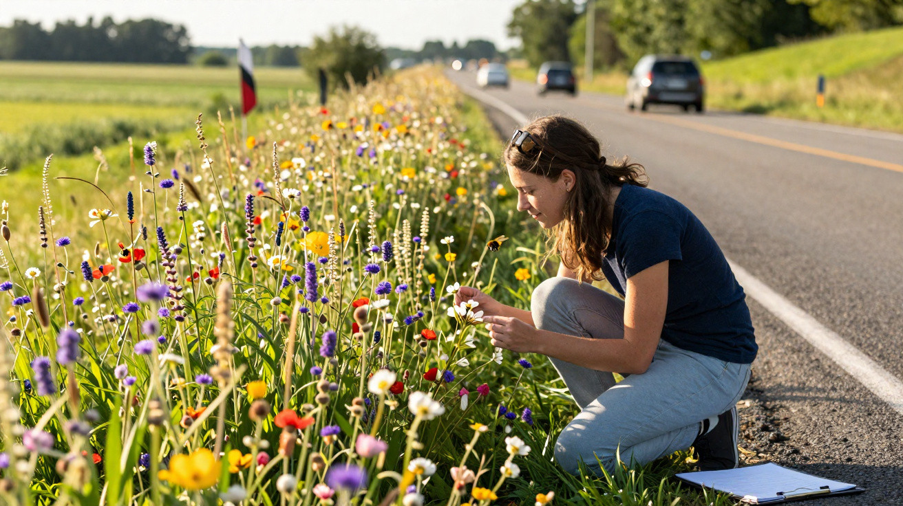 Mulher agachada observa flores coloridas ao lado de uma estrada em área rural ensolarada.