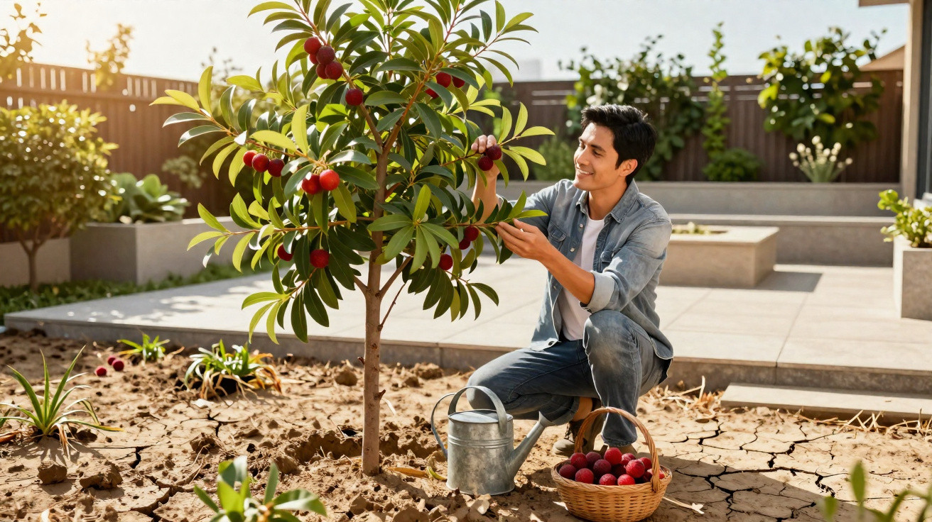 Homem colhendo frutas vermelhas em árvore no jardim ensolarado, com regador e cesta ao lado.