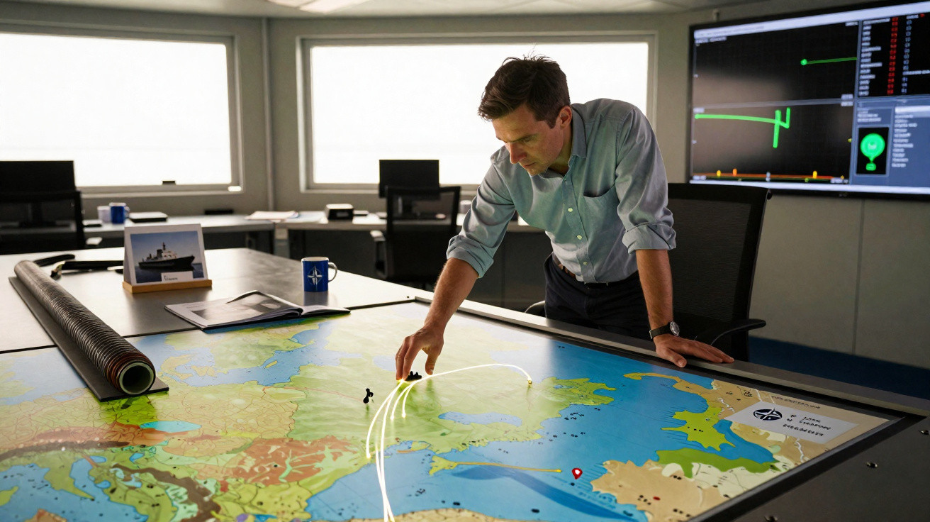 Homem analisando rota em grande mapa estratégico iluminado em sala de controle com monitores digitais.