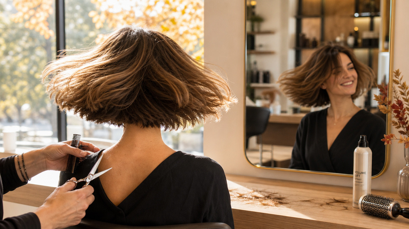 Mulher sorrindo cortando o cabelo em salão, cabelo balançando e espelho ao fundo refletindo o rosto dela.