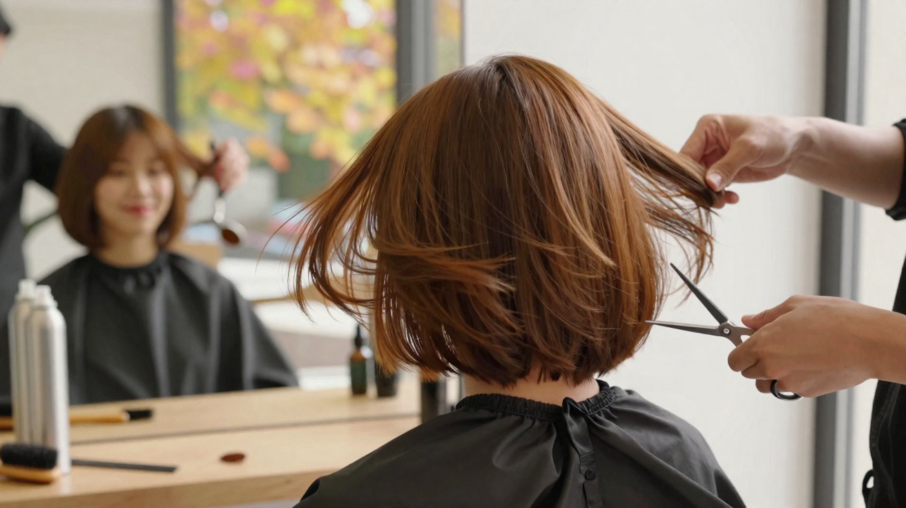 Mulher cortando o cabelo em salão de beleza, com espelho e cabeleireiro segurando mechas.