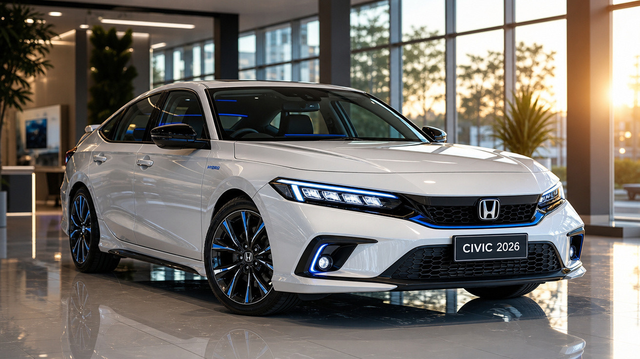 Carro Honda Civic 2026 branco exibido em showroom moderno com iluminação natural e reflexos no piso.