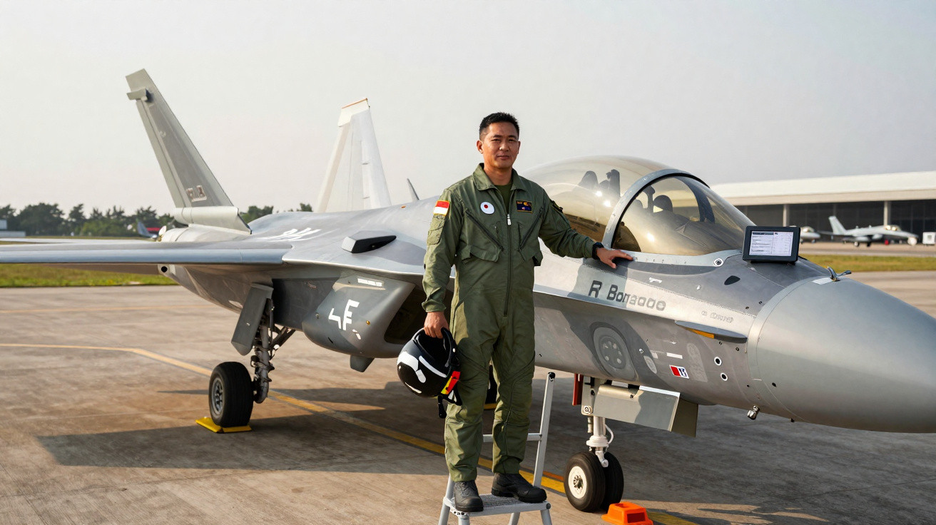Piloto militar em uniforme verde posa ao lado de caça cinza estacionado em pista de aeroporto.