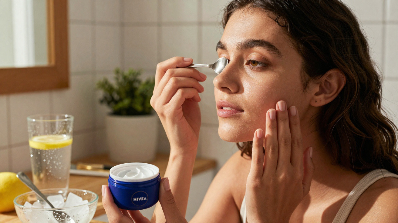 Mulher aplicando creme facial com uma colher pequena, segurando pote azul de creme Nivea.