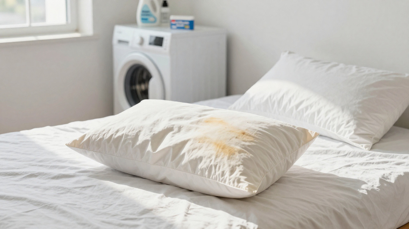 Travesseiro branco sujo com mancha amarelada em cama branca ao lado de máquina de lavar roupas.