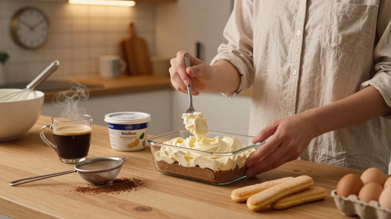 Pessoa preparando sobremesa cremosa em recipiente de vidro na cozinha, com café, biscoitos e ovos ao lado.