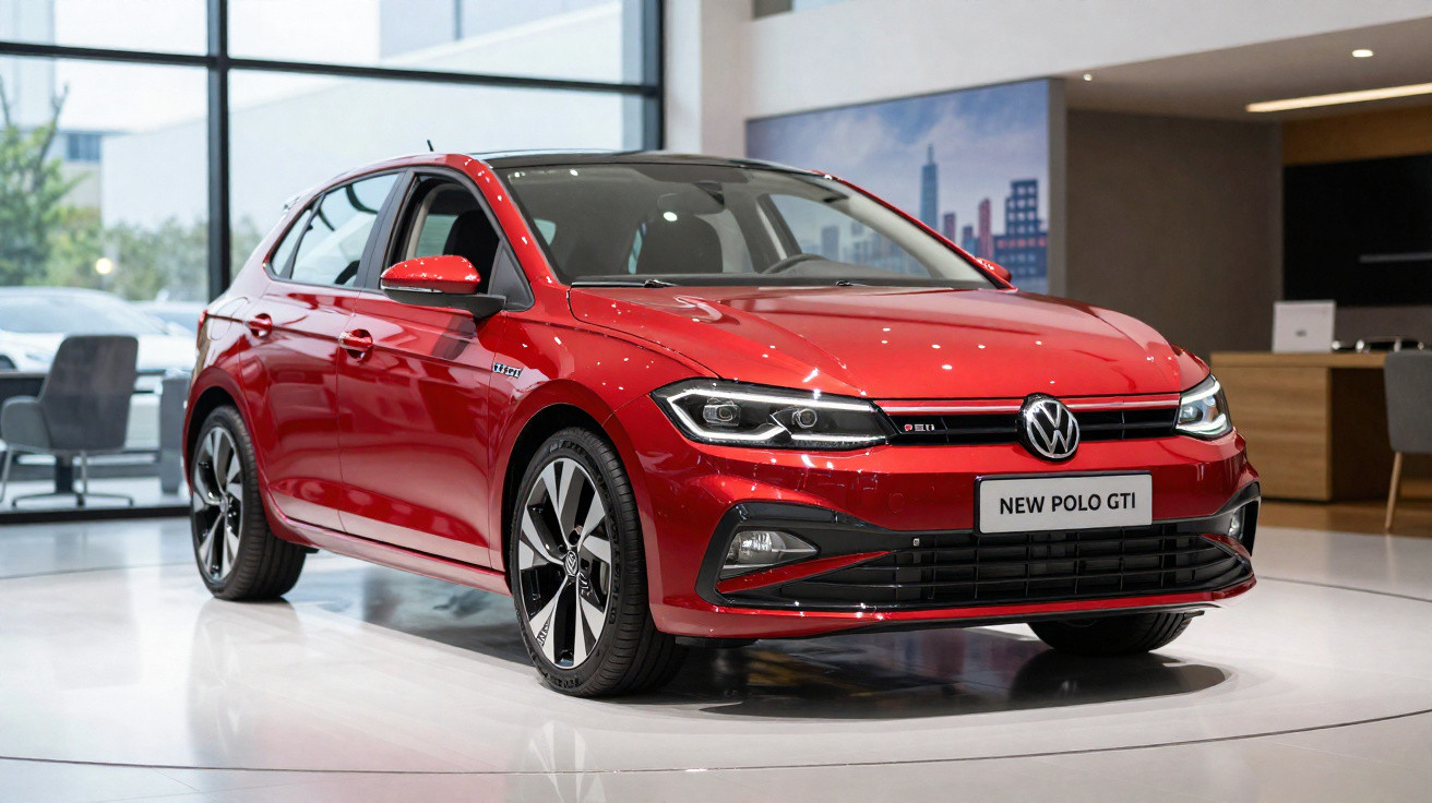 Carro esportivo vermelho Volkswagen New Polo GTI em showroom moderno com iluminação natural.