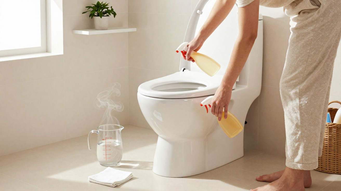 Pessoa limpando vaso sanitário em banheiro claro com produto de limpeza amarelo e vapor saindo de jarra.