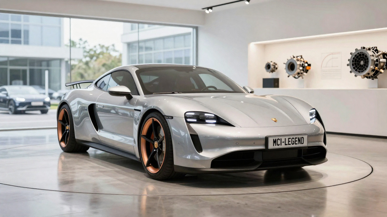 Carro esportivo prata Porsche Taycan estacionado em piso brilhante dentro de showroom moderno.