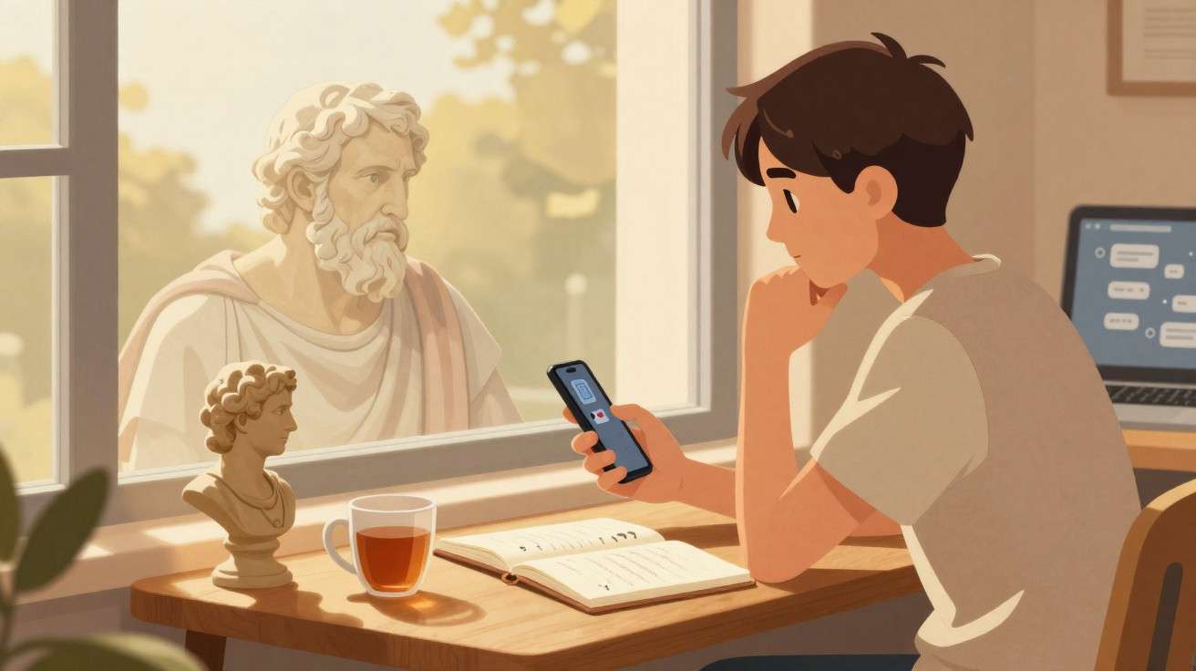 Jovem sentado à mesa estudando, olhando smartphone, com estátua clássica e busto na janela.