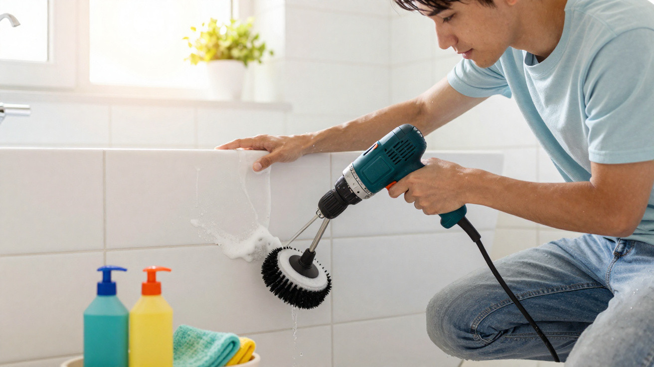 Pessoa limpando azulejos brancos com escova rotativa elétrica e produtos de limpeza no banheiro.