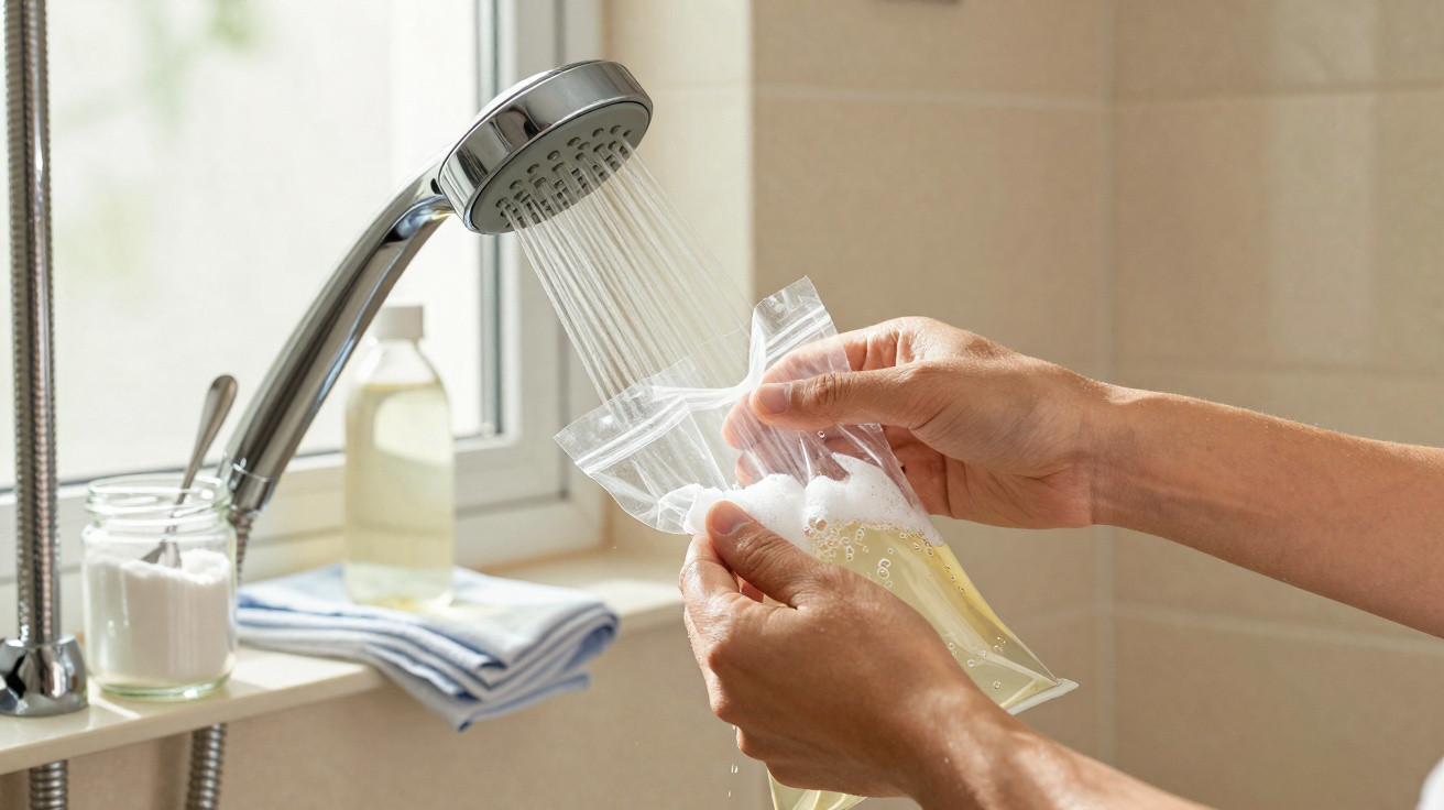 Mãos enxaguando uma sacola plástica com líquido e espuma sob água em chuveiro na pia de banheiro.