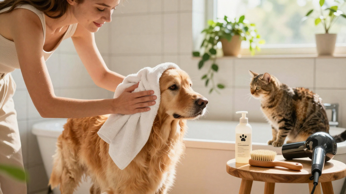 Mulher secando cachorro Golden Retriever com toalha em banheiro, gato observando ao lado em banquinho.
