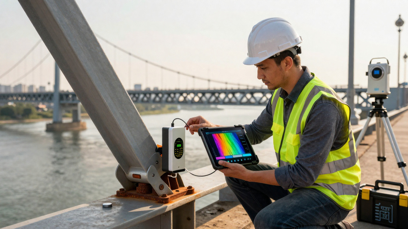 Engenheiro em colete e capacete usa tablet para testar sensores em ponte sobre rio.