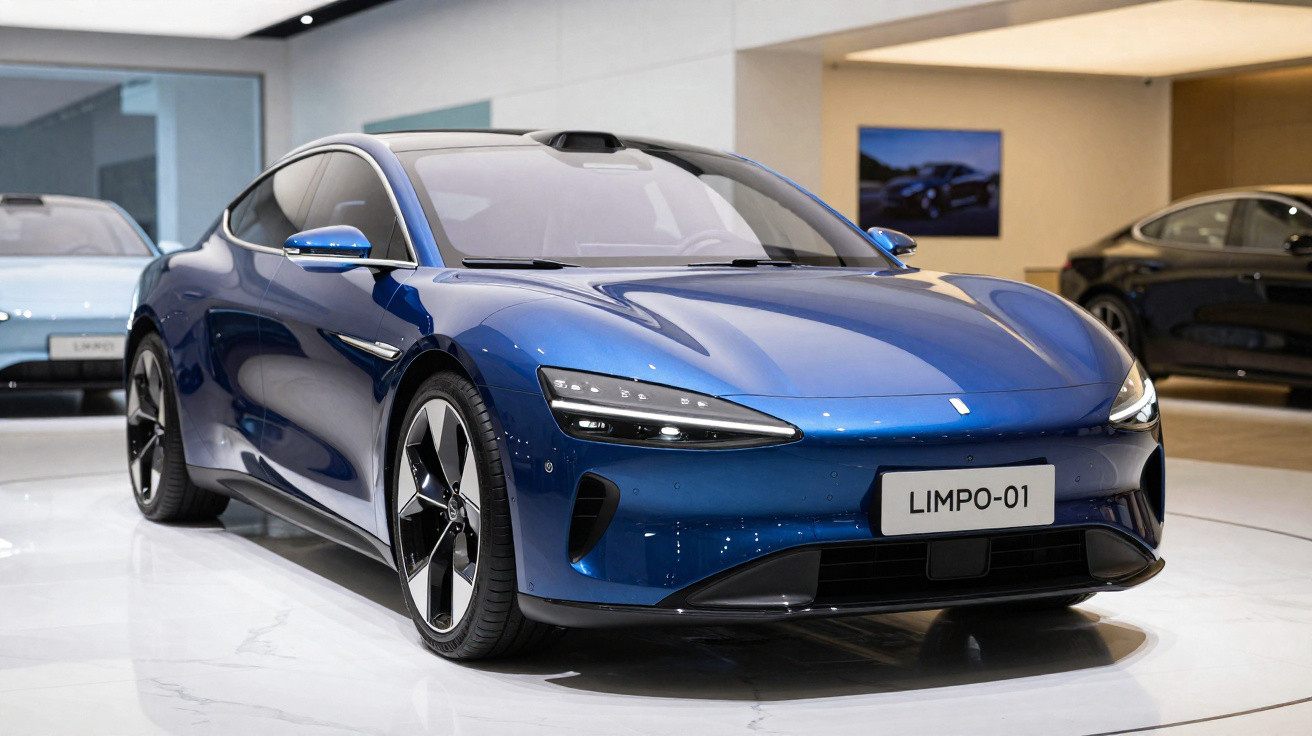 Carro elétrico azul luxo modelo Limpo-01 exibido em showroom moderno com piso branco e luzes refletidas.