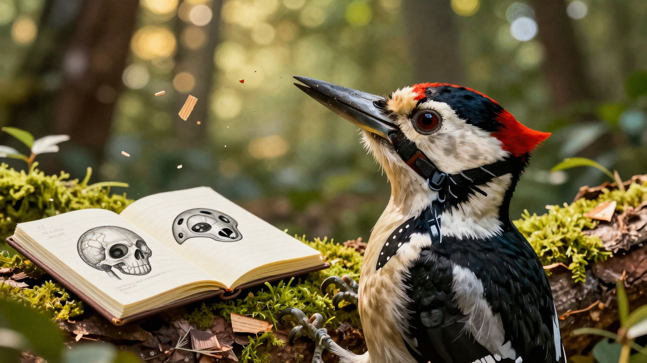 Pica-pau com chapéu e gravata observado em floresta ao lado de livro aberto com desenho de crânios.