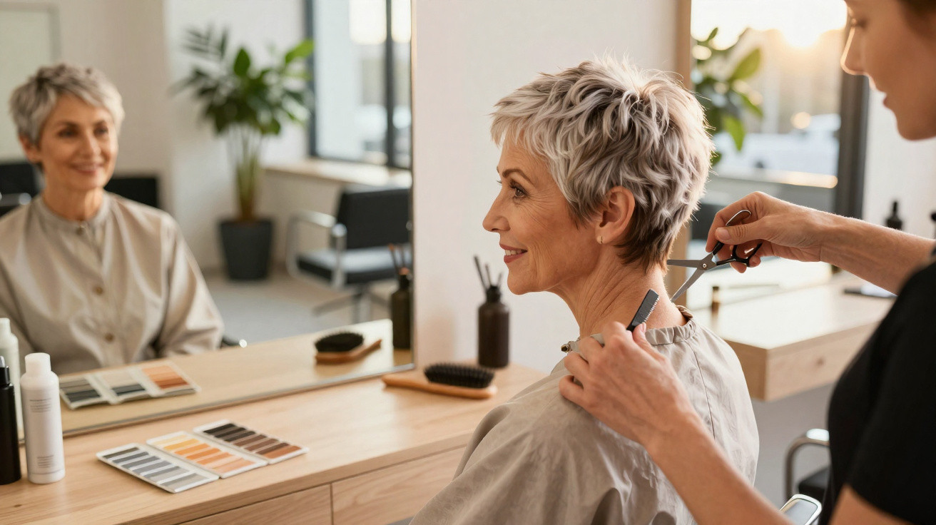 Mulher de cabelo curto grisalho sorrindo enquanto cabeleireira corta suas mechas em salão moderno.