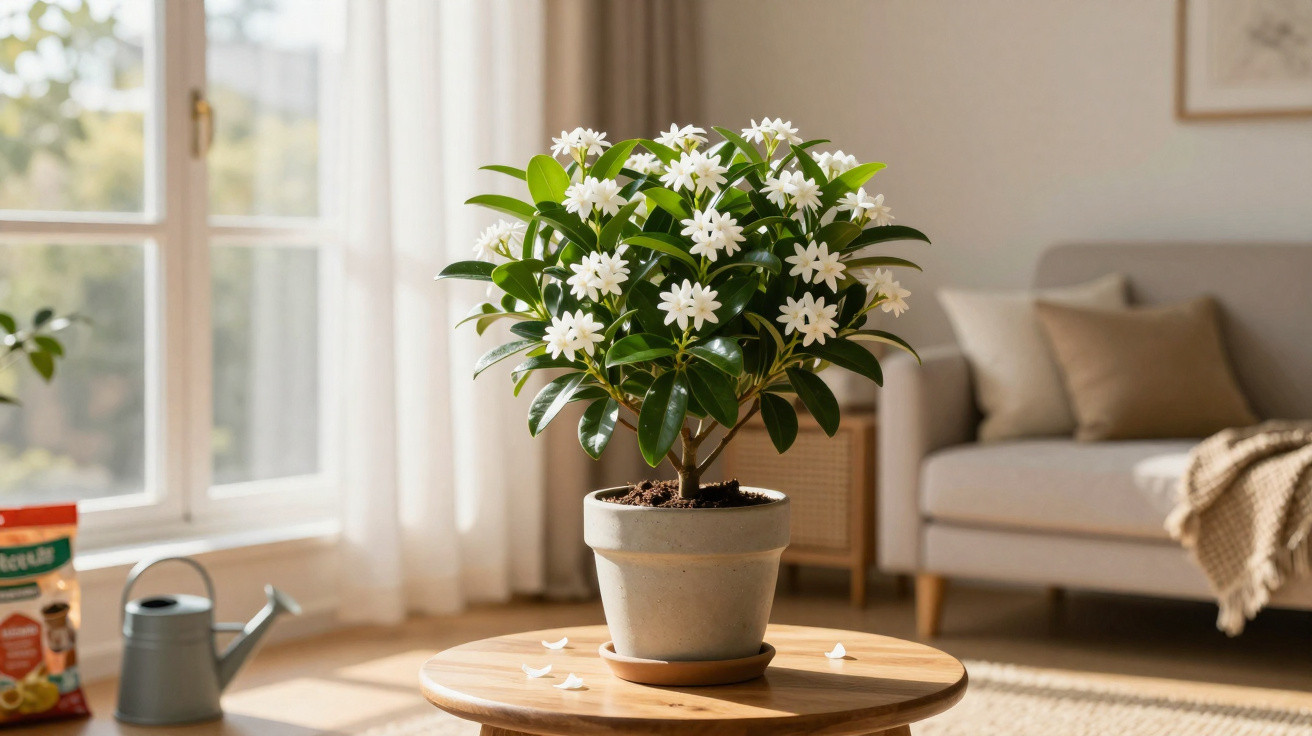 Vaso com planta de flores brancas em mesa de madeira, em sala iluminada por luz natural.