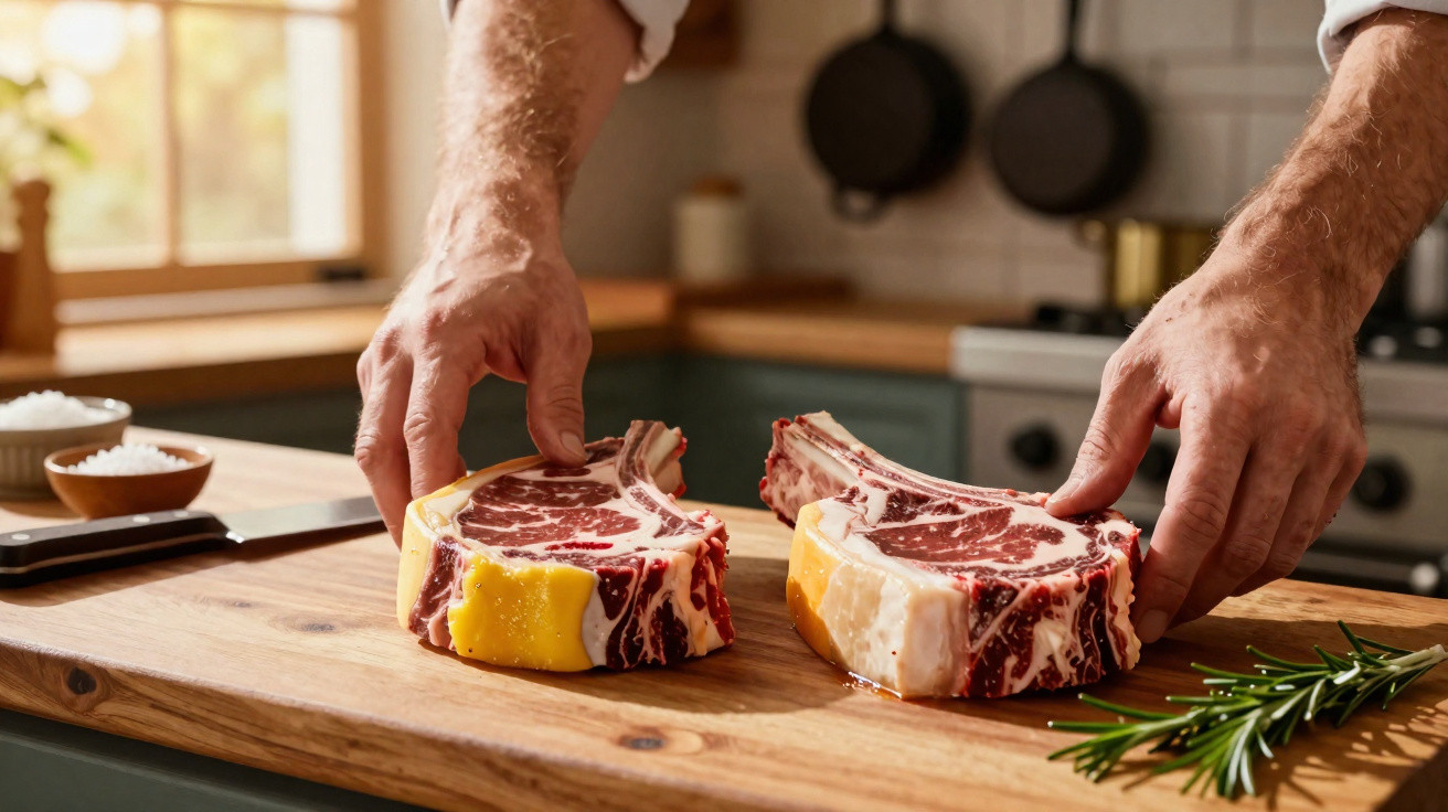Mãos masculinas segurando dois pedaços de carne bovina crua sobre tábua de madeira na cozinha.
